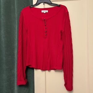 Lucky Brand Red Cable-Sleeve Henley Long-Sleeve Top